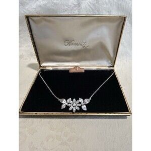 Vintage Krementz 14K White Gold Overlay Rhinestone Flower Leaf Necklace W/ Box